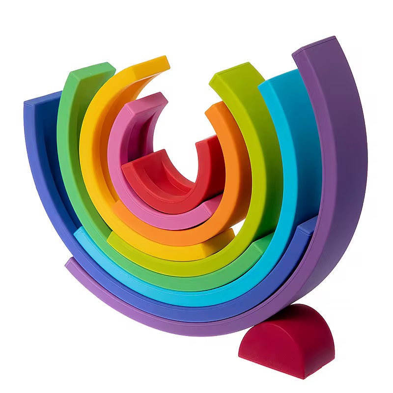 Bright rainbow colours
“Vibrant silicone stacking rainbow toy with 10 colourful arches in bold rainbow shades.