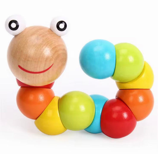 Bright rainbow wooden wiggly caterpillar toy with movable segments, perfect for baby sensory development and fine motor skills.