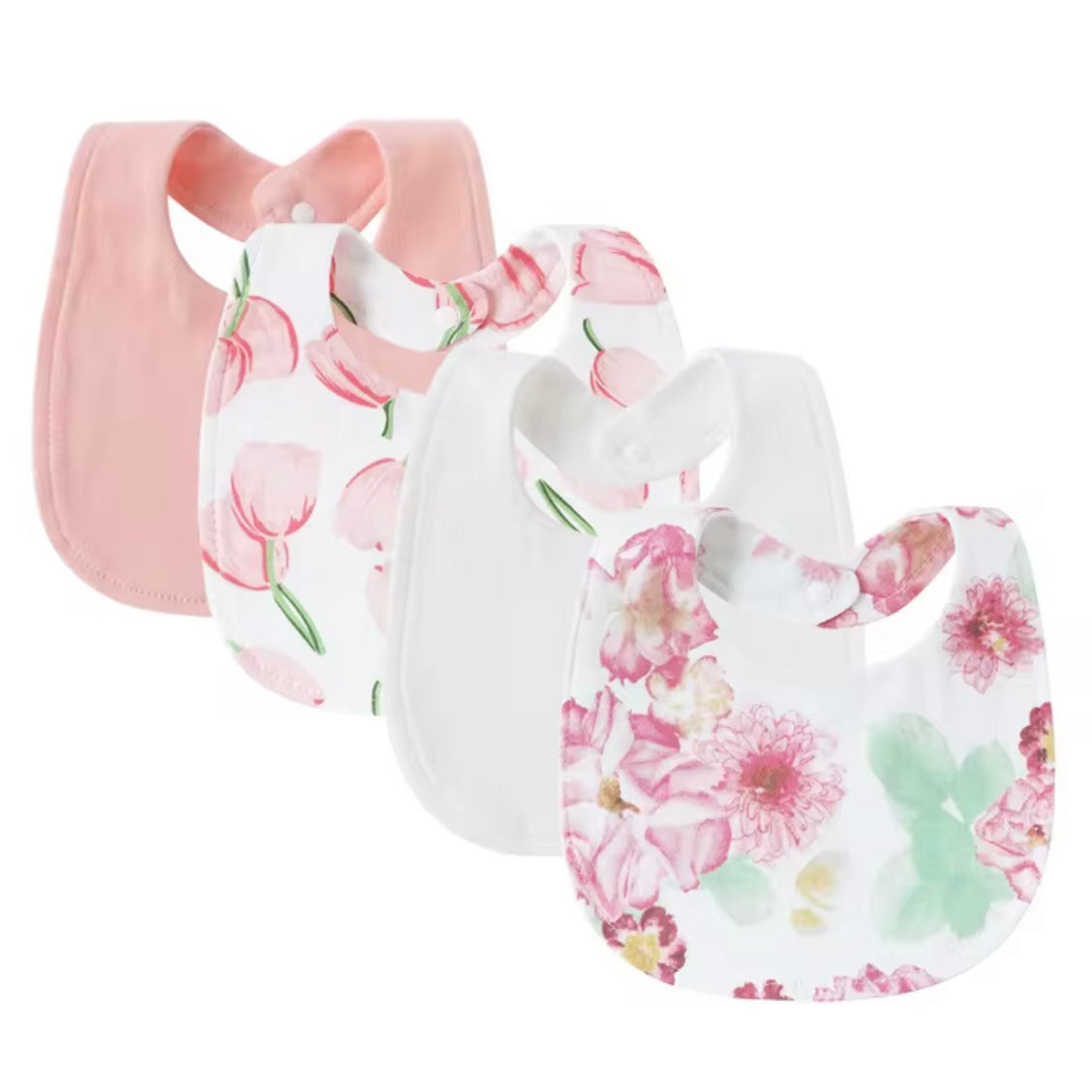 Set of 4 baby bibs in pastel pink and floral prints, soft, stylish, and gentle on baby’s skin.