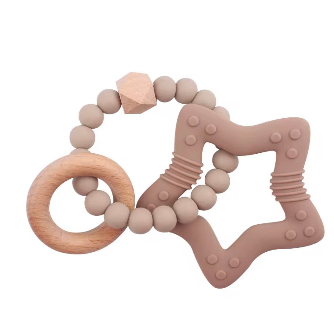 Taupe-colored star silicone teether with natural wooden ring and soft sensory beads.