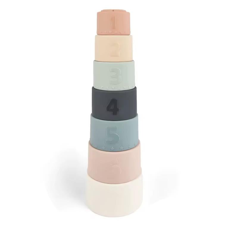 Pastel silicone stacking cups neatly stacked in a tower of seven. Features soft earthy tones designed for babies and toddlers’ sensory learning and playtime.