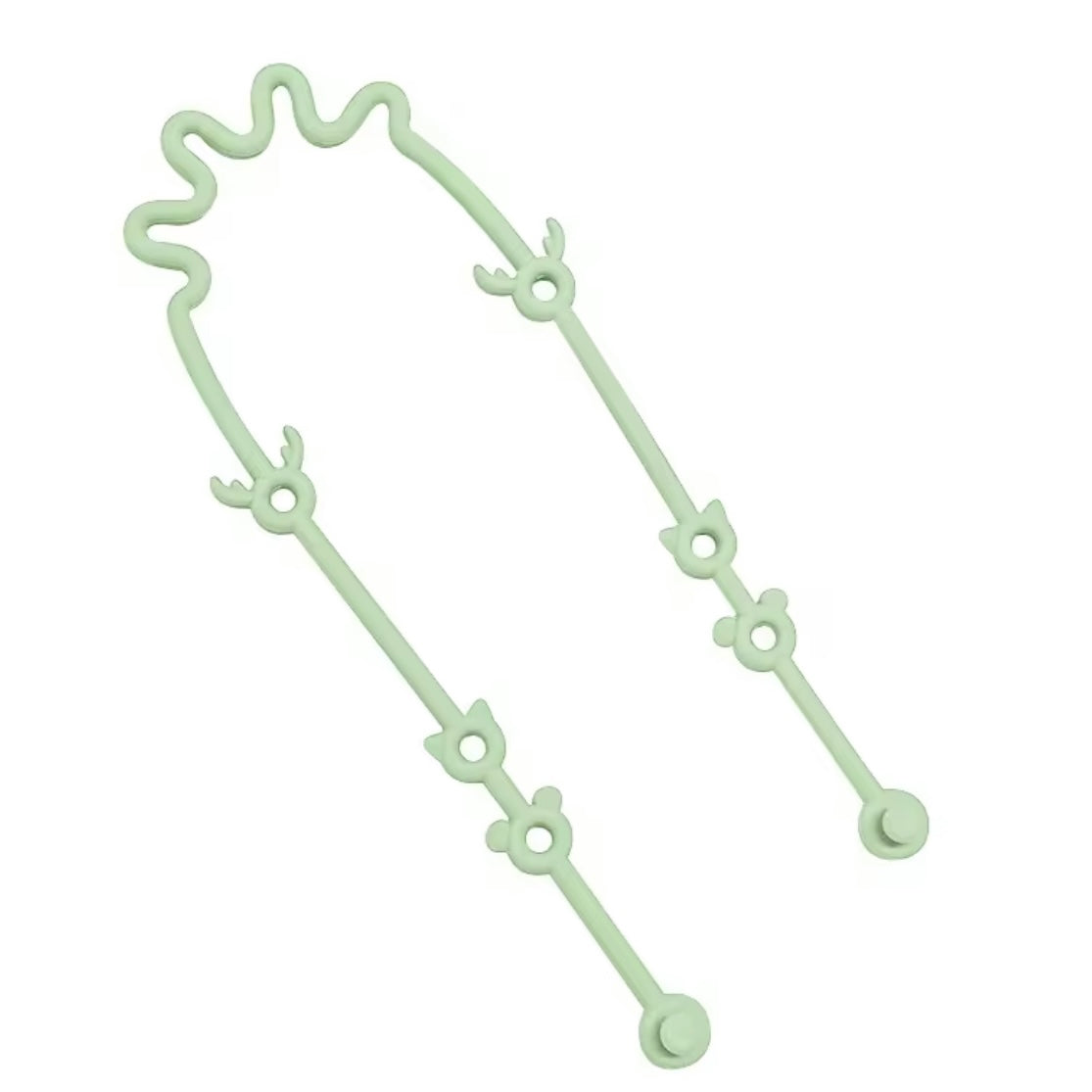 Mint green silicone toy strap with loop and link design, shown in a flexible curved position.