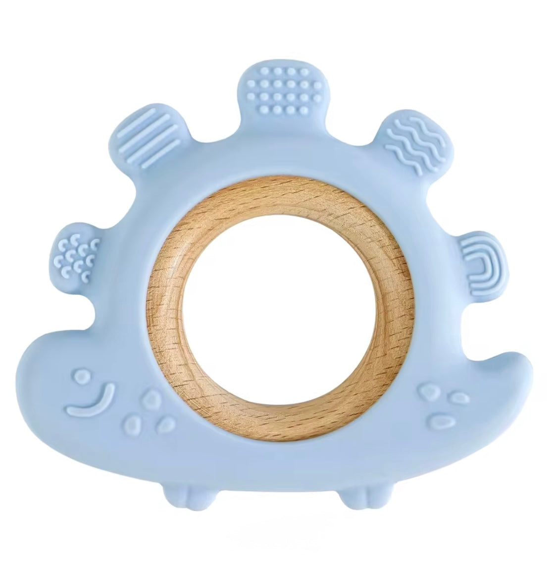 Blue dinosaur silicone and wood teether ring for babies.