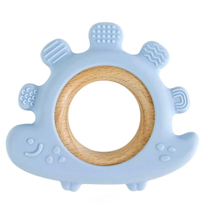 Blue dinosaur silicone and wood teether ring for babies.