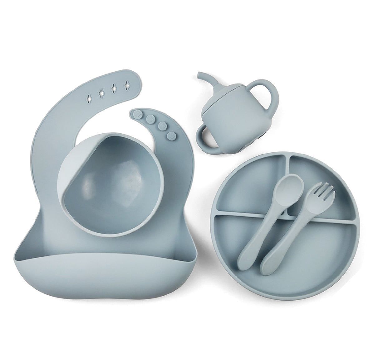 Esther blue silicone feeding set featuring divided plate, suction bowl, fork, spoon, bib, and sippy cup. Perfect for baby-led weaning and self-feeding