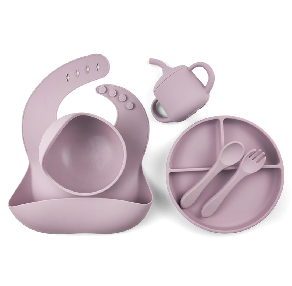 Dusty mauve silicone feeding set including suction bowl, divided plate, fork, spoon, sippy cup, and adjustable bib, designed for babies and toddlers.