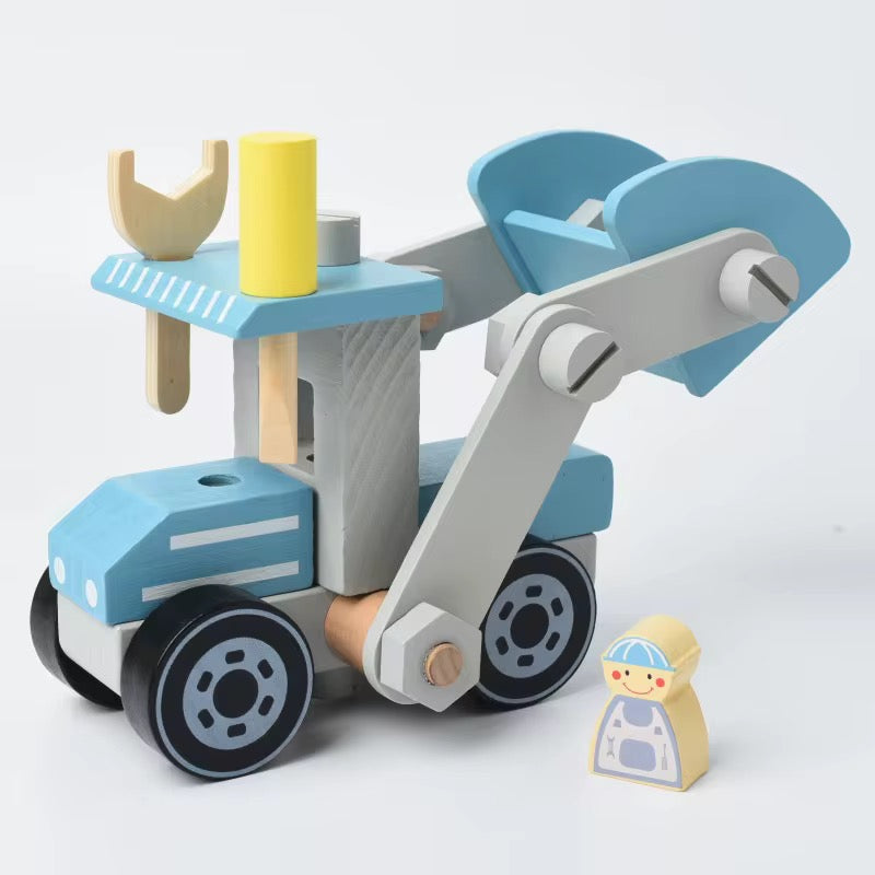 “Blue wooden excavator with adjustable digger arm, detachable parts, and matching mini construction worker figurine.”