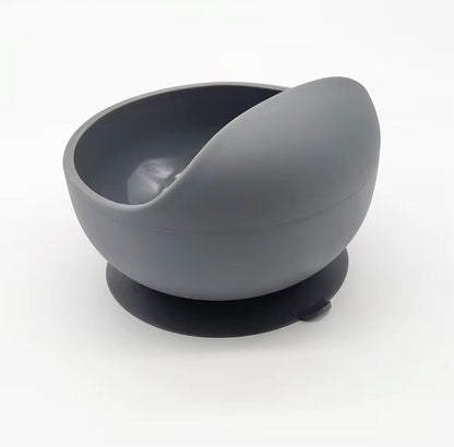 Bowl & Bloom in dark grey silicone suction bowls in earthy tones, made from 100% food-grade, BPA-free material, safe for babies and toddlers