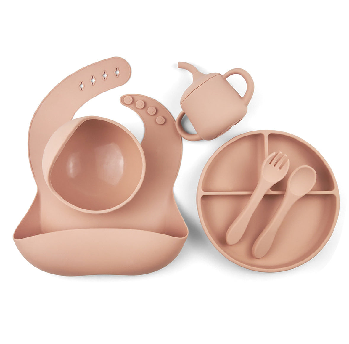 Muted silicone feeding set with a divided plate, suction bowl, utensils, adjustable bib, and sippy cup. Ideal for starting solids and baby-led weaning.