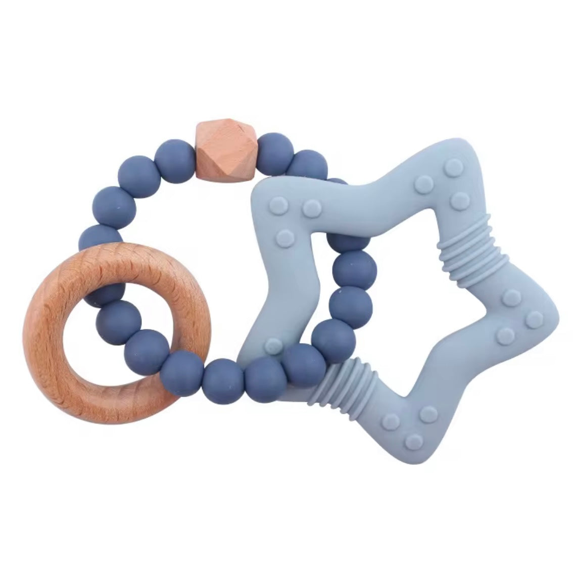 Dusty blue star-shaped teether with wooden ring and textured silicone beads for teething relief.