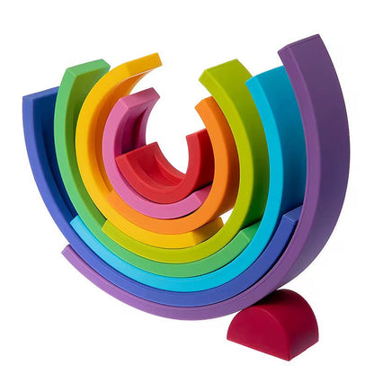 Bright rainbow colours
“Vibrant silicone stacking rainbow toy with 10 colourful arches in bold rainbow shades.