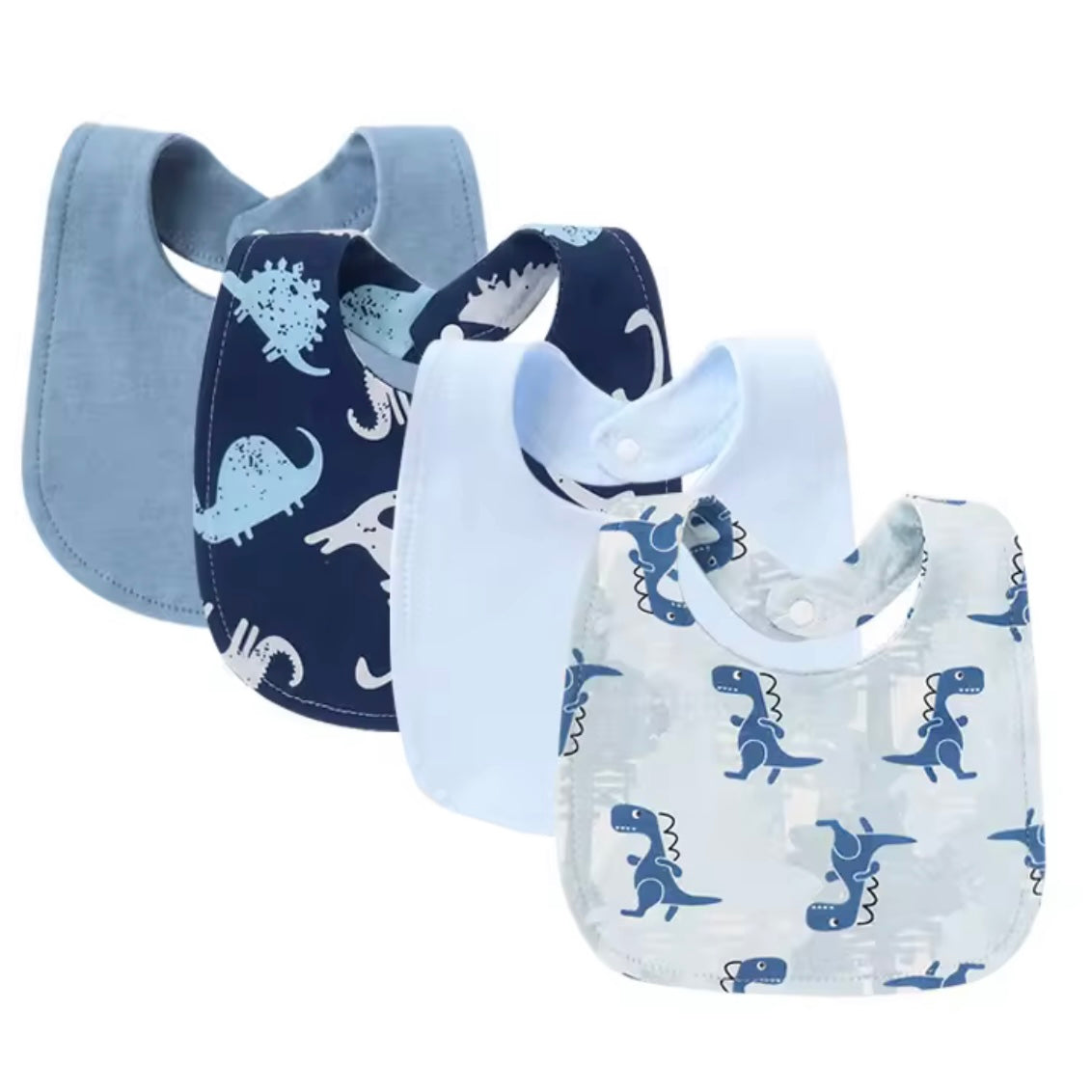 Set of 4 baby bibs in blue tones with fun dinosaur prints, soft and breathable for everyday use.