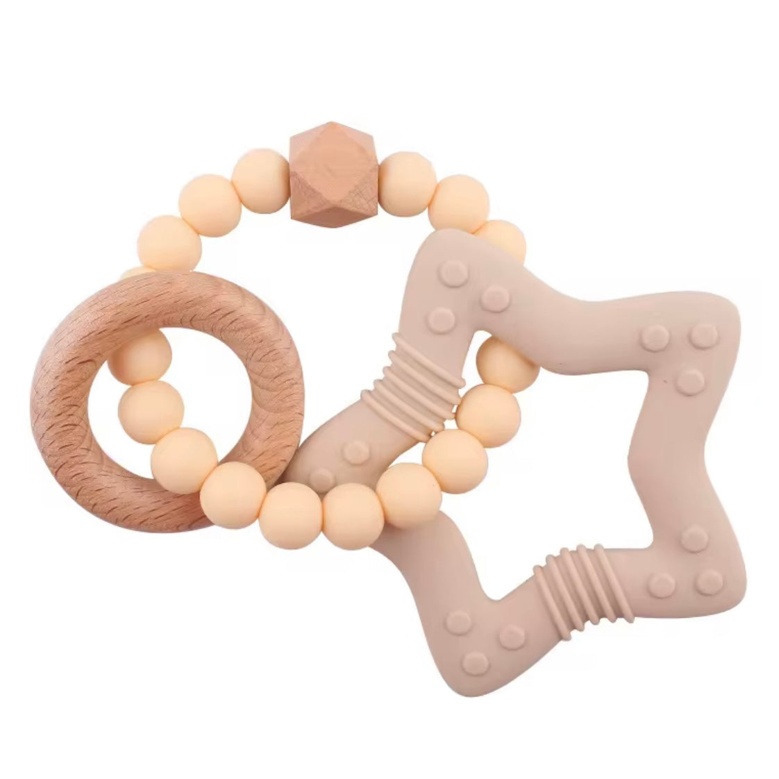 Beige star-shaped sensory teether with wooden ring and silicone beads, designed for soothing sore gums.
