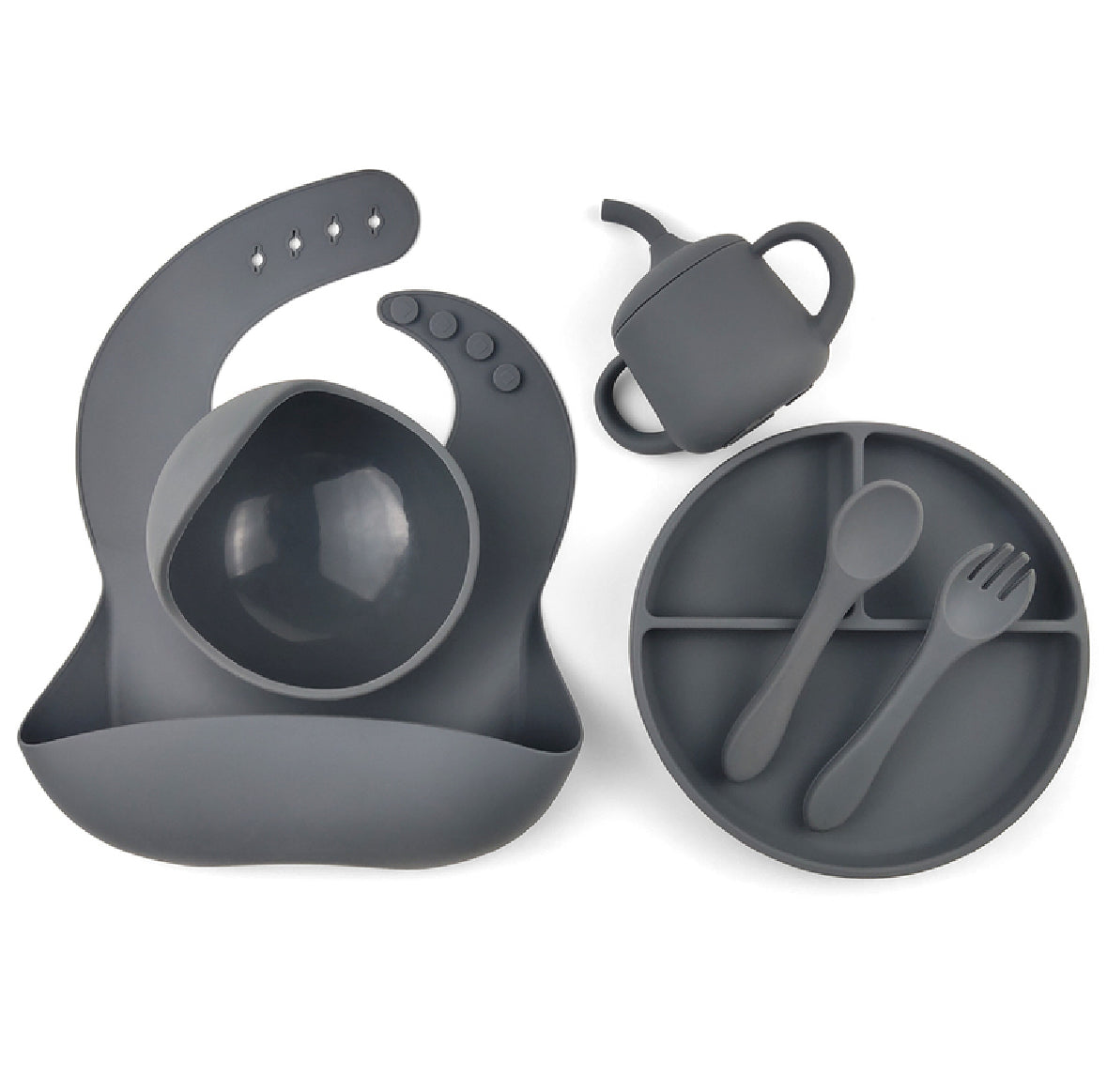 Charcoal grey silicone baby feeding set with non-slip bowl, divided plate, fork, spoon, bib, and training cup. BPA-free and safe for everyday use.