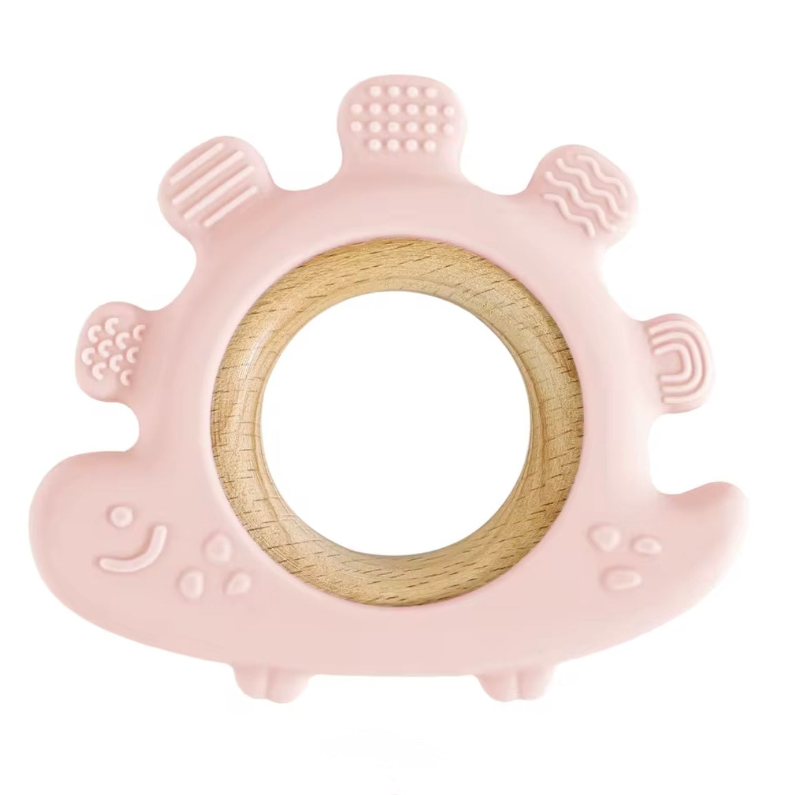 Pink dinosaur baby teether, silicone outer with wooden center ring.