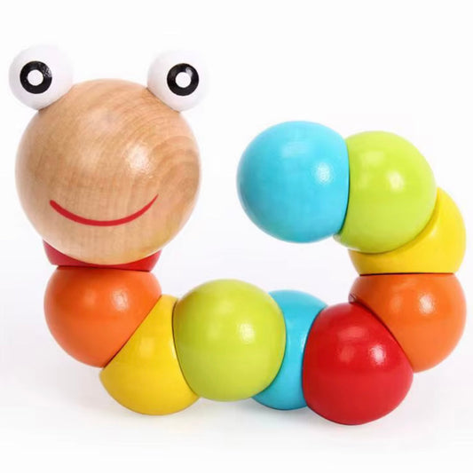 Bright rainbow wooden wiggly caterpillar toy with movable segments, perfect for baby sensory development and fine motor skills.