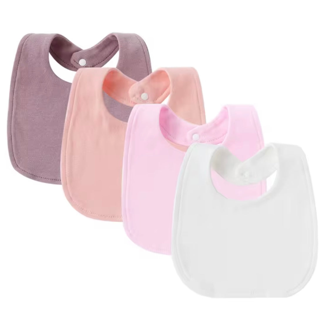 Set of 4 baby bibs in mauve, blush pink, soft pink, and white, made from gentle and absorbent fabric.