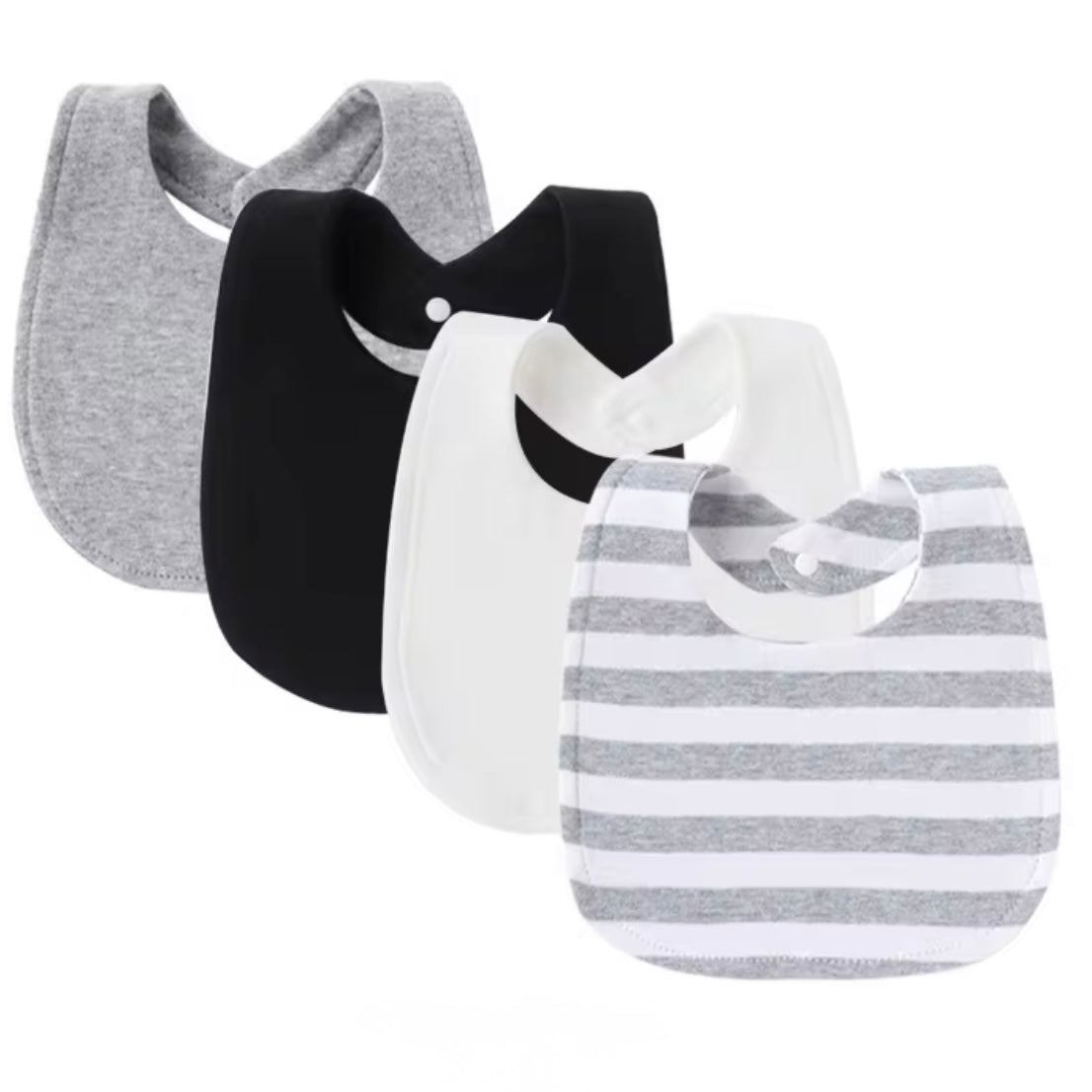 Set of 4 neutral baby bibs in grey, black, white, and striped patterns, lightweight and absorbent.