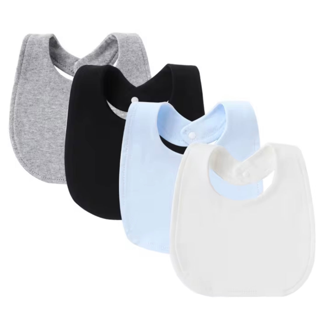 Set of 4 baby bibs in grey, black, pale blue, and white, soft and lightweight for everyday wear.