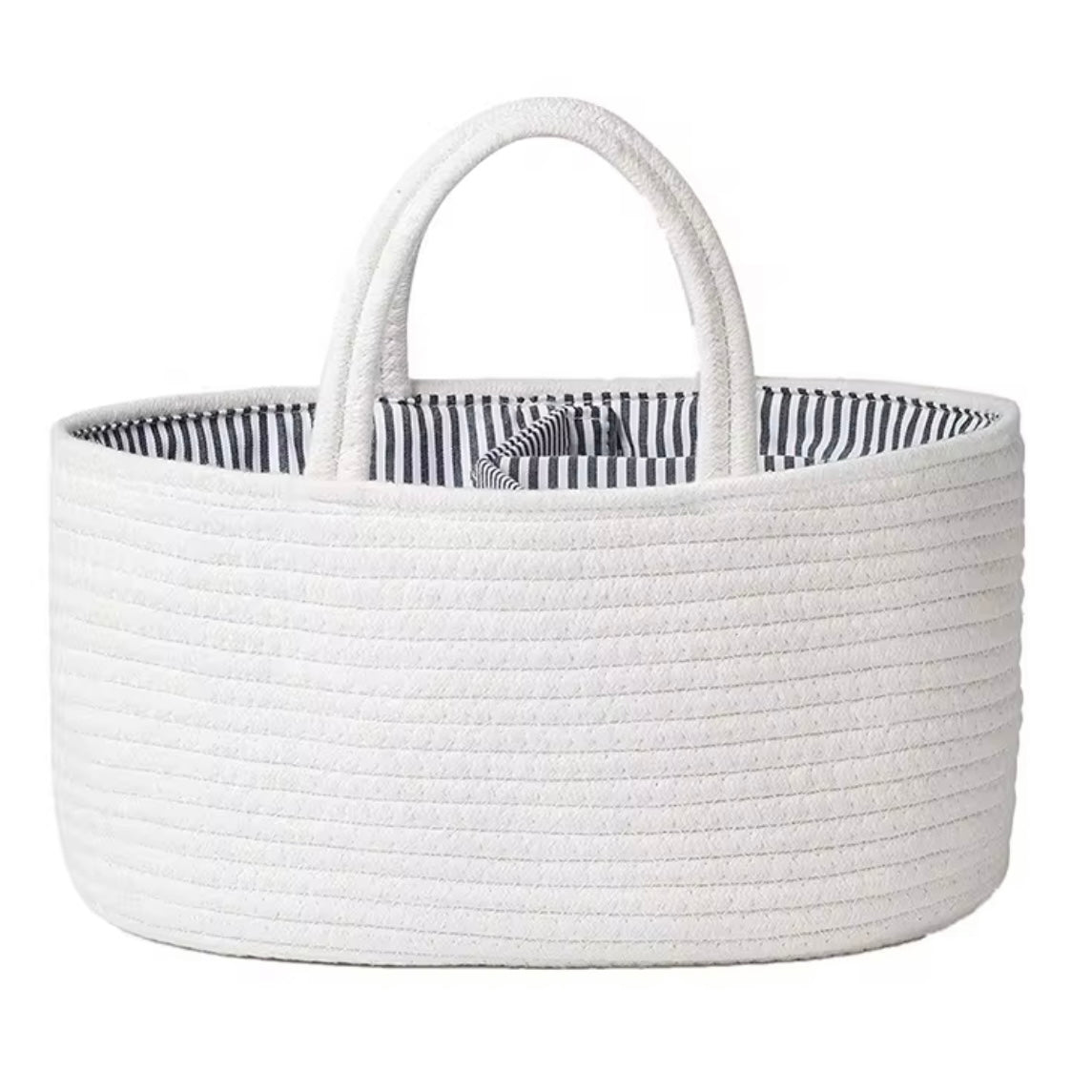 White cotton rope nappy caddy with striped lining, lightweight and portable for baby essentials storage.