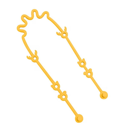 Bright yellow silicone toy strap with multiple loops, displayed in a bent position to show flexibility.