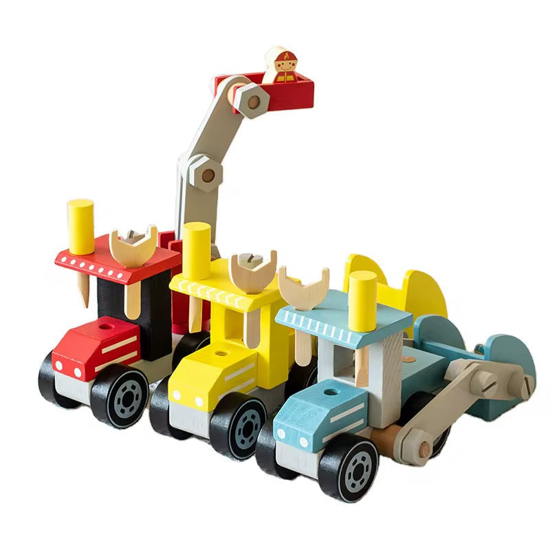“Set of 3 wooden construction vehicles in red, yellow, and blue with movable parts and mini worker figurines, perfect for imaginative play.”
