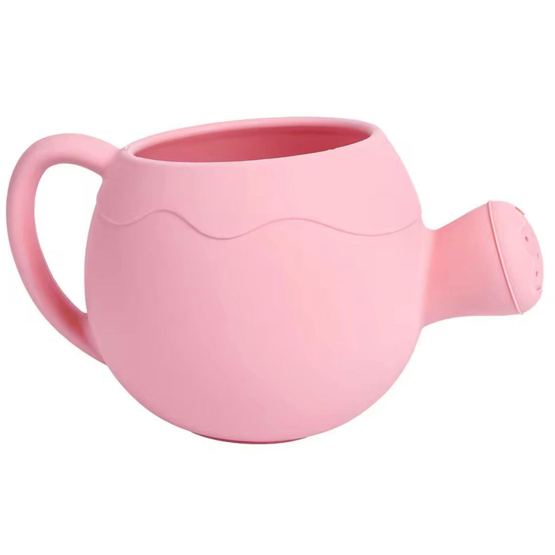 Pink silicone watering can for toddlers with easy-grip handle and soft flexible body.