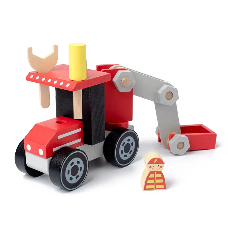 “Red wooden crane truck with movable lifting arm, detachable parts, and a mini construction worker figurine.”
