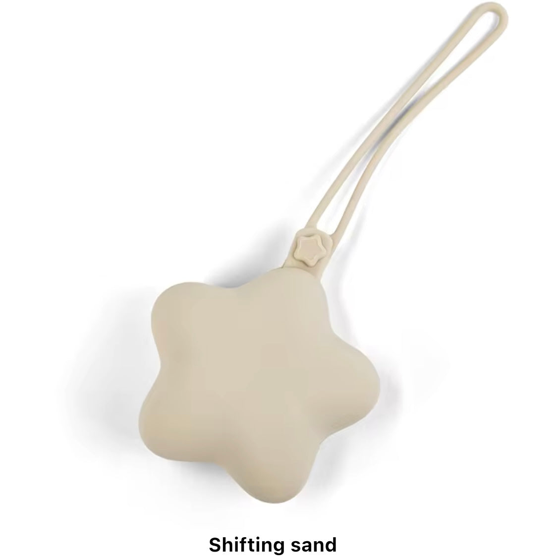 Shifting sand neutral beige star silicone pacifier case with flexible strap.