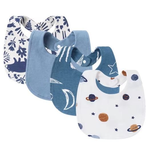 Set of 4 baby bibs in blue tones with ocean, sailboat, and space prints, soft and comfortable for babies.