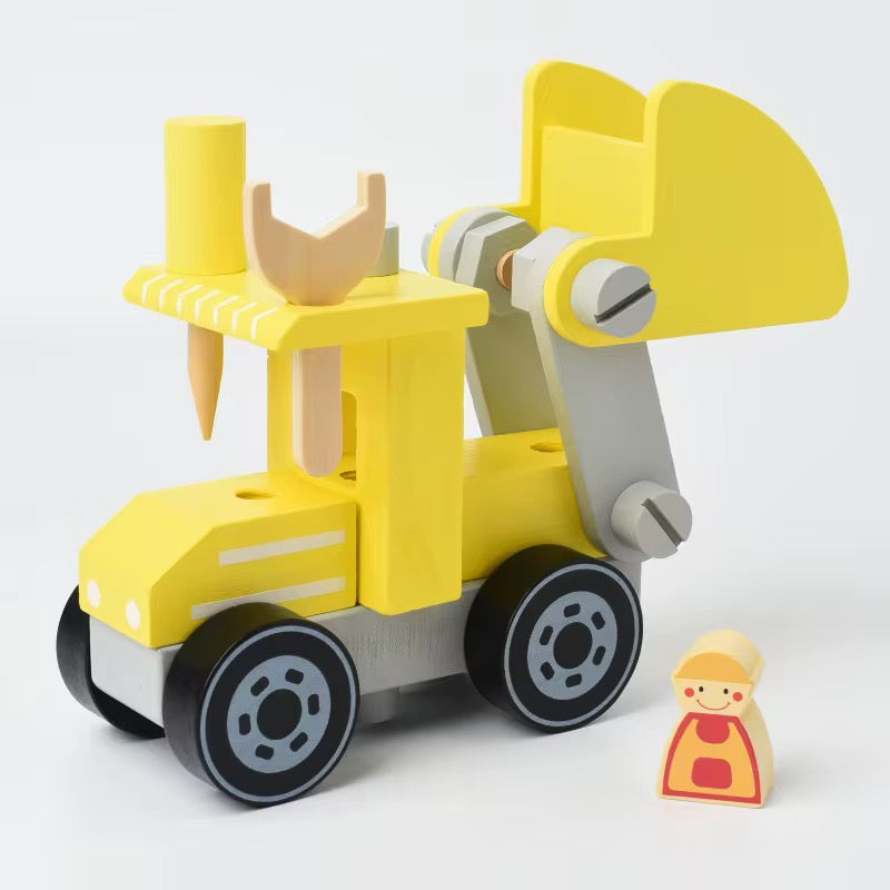 “Yellow wooden bulldozer with functioning scoop, detachable pieces, and mini worker figurine, perfect for imaginative play.”
