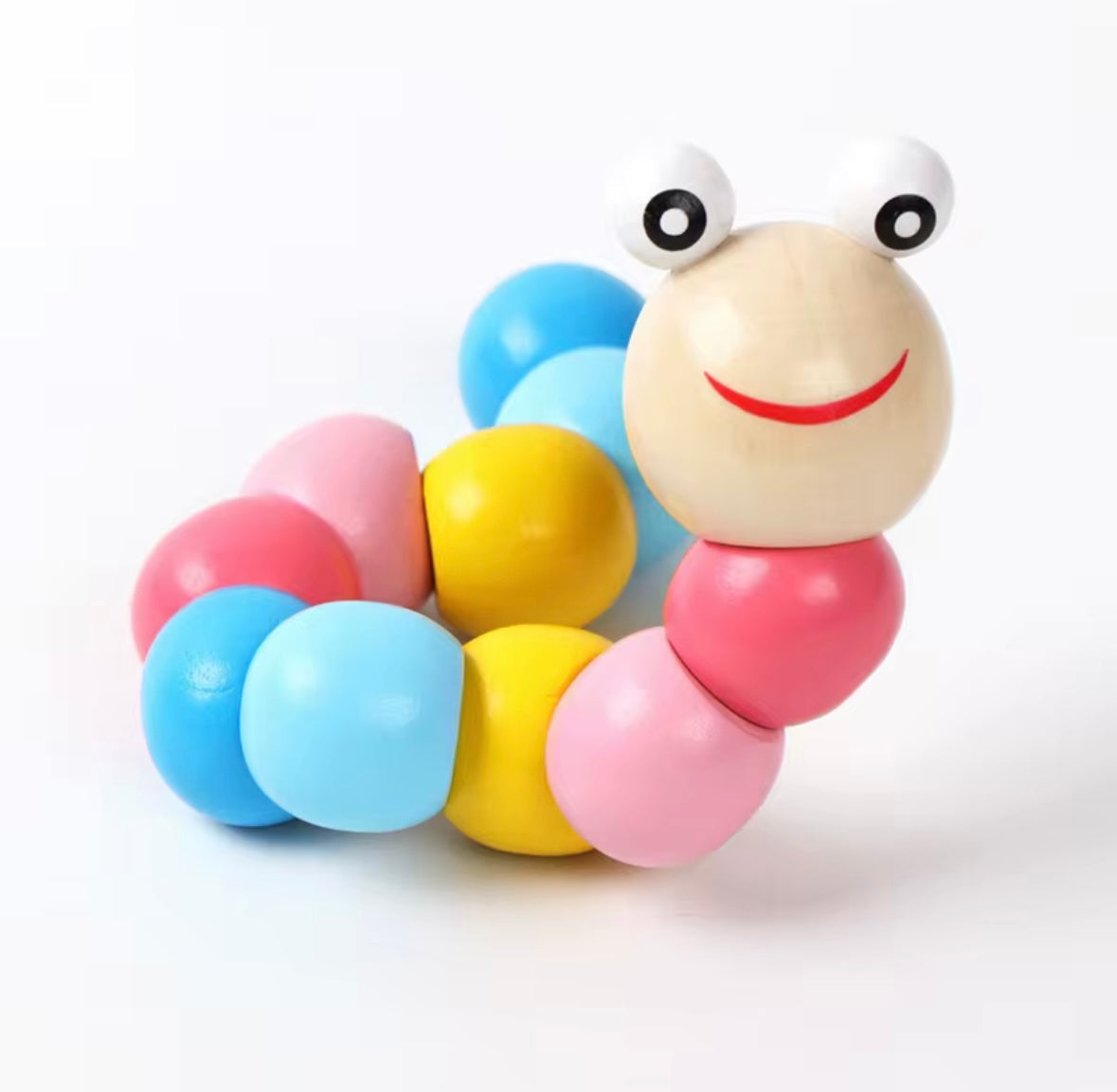 Pastel wooden wiggly caterpillar toy with pink, blue, yellow, and natural segments, flexible for twisting and sensory play.