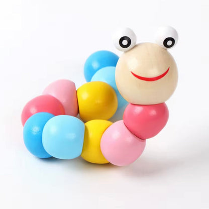 Pastel wooden wiggly caterpillar toy with pink, blue, yellow, and natural segments, flexible for twisting and sensory play.