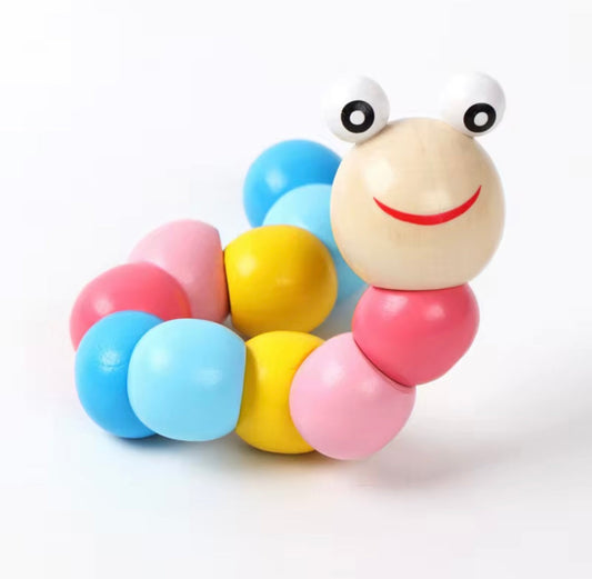 Pastel wooden wiggly caterpillar toy with pink, blue, yellow, and natural segments, flexible for twisting and sensory play.