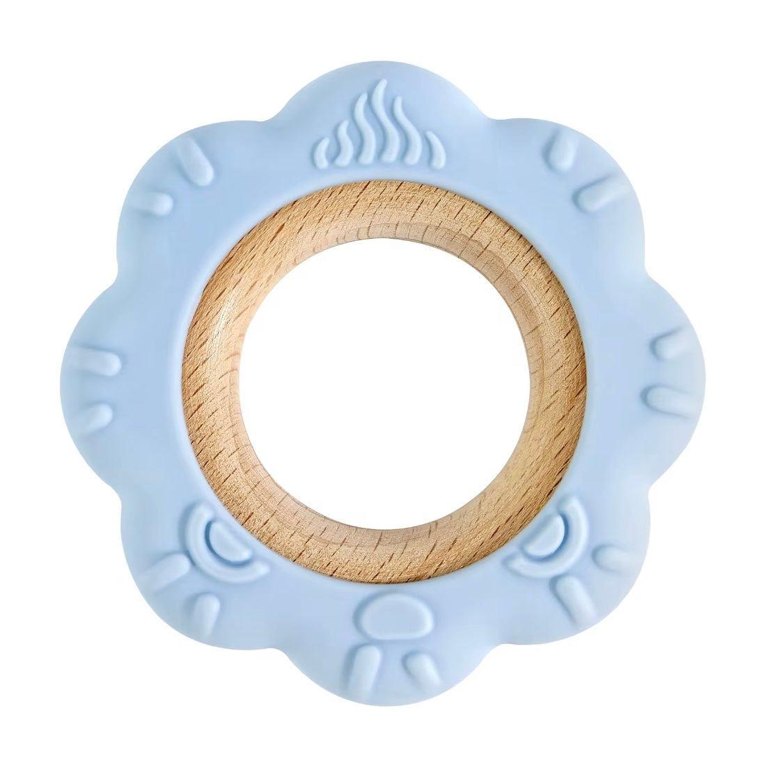 Blue lion silicone and wood teether ring for babies.