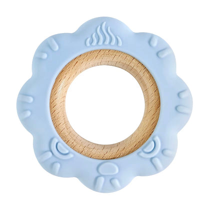 Blue lion silicone and wood teether ring for babies.