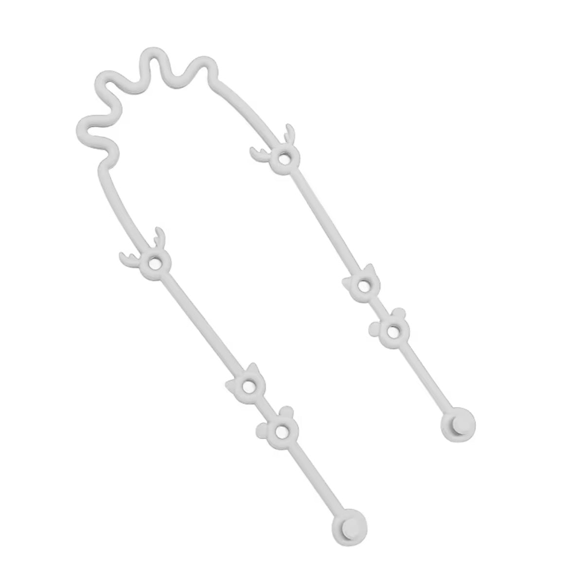 Grey silicone toy strap with multiple loops, displayed in a bent position to show flexibility.