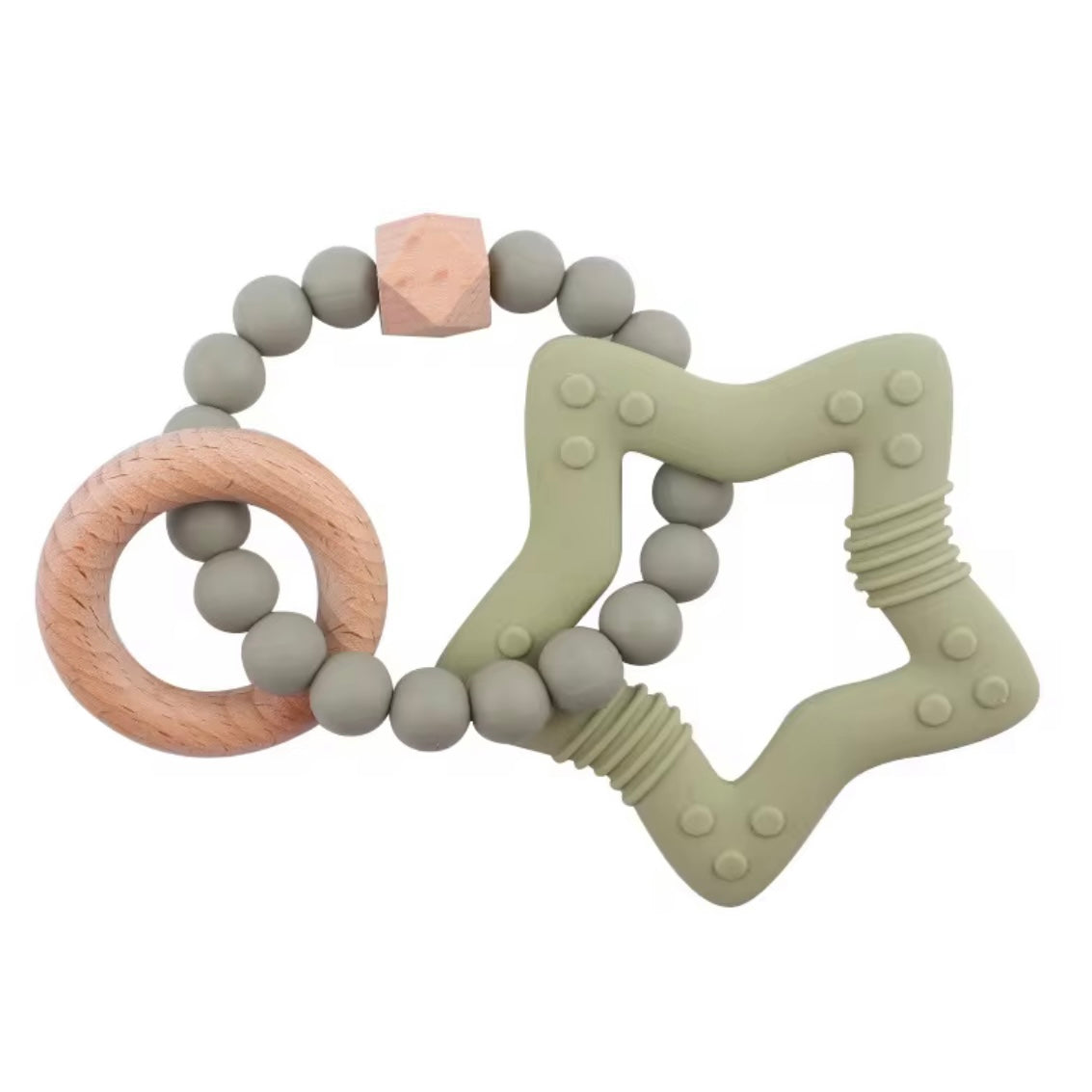 Olive green star sensory teether with natural wooden ring and food-grade silicone beads.