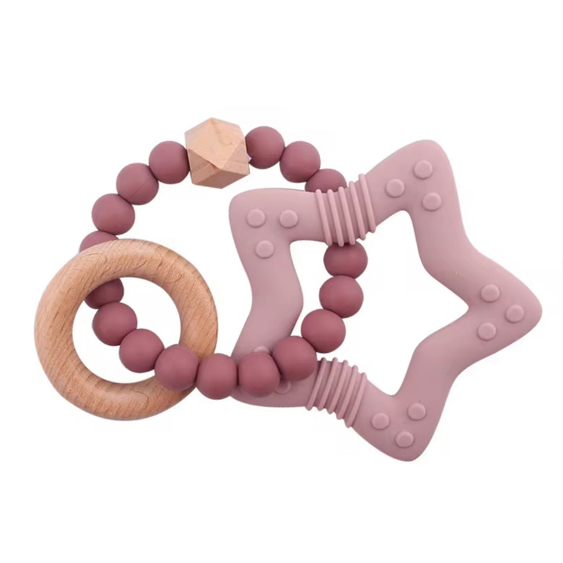 Mauve star-shaped silicone teether with wooden ring and soft round sensory beads for babies.