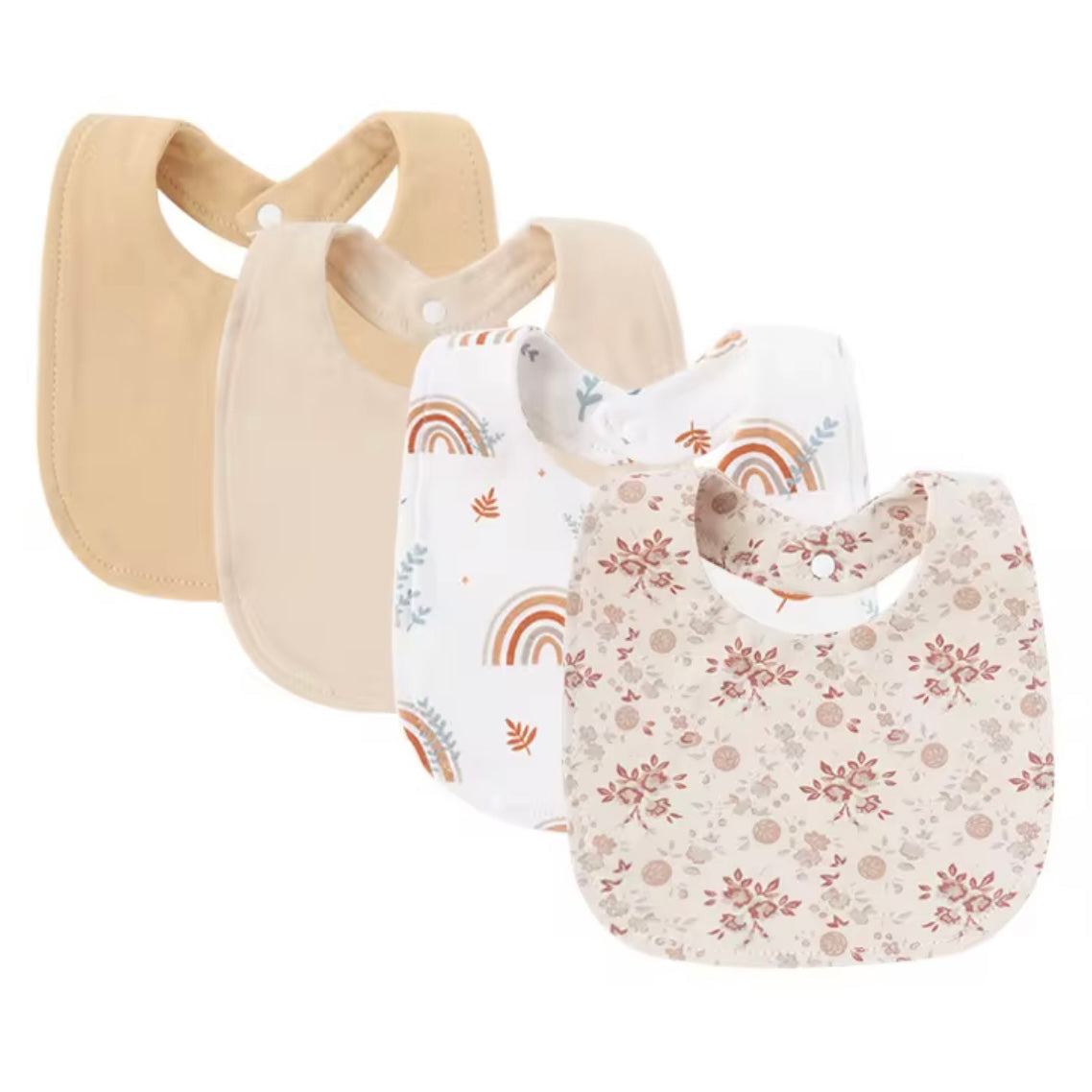 Set of 4 baby bibs in beige, rainbows, and soft floral prints, perfect for stylish and mess-free feeding.
