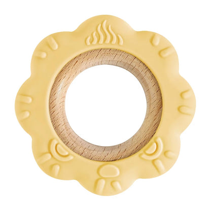 Yellow lion baby teether with soft silicone mane and wooden ring.