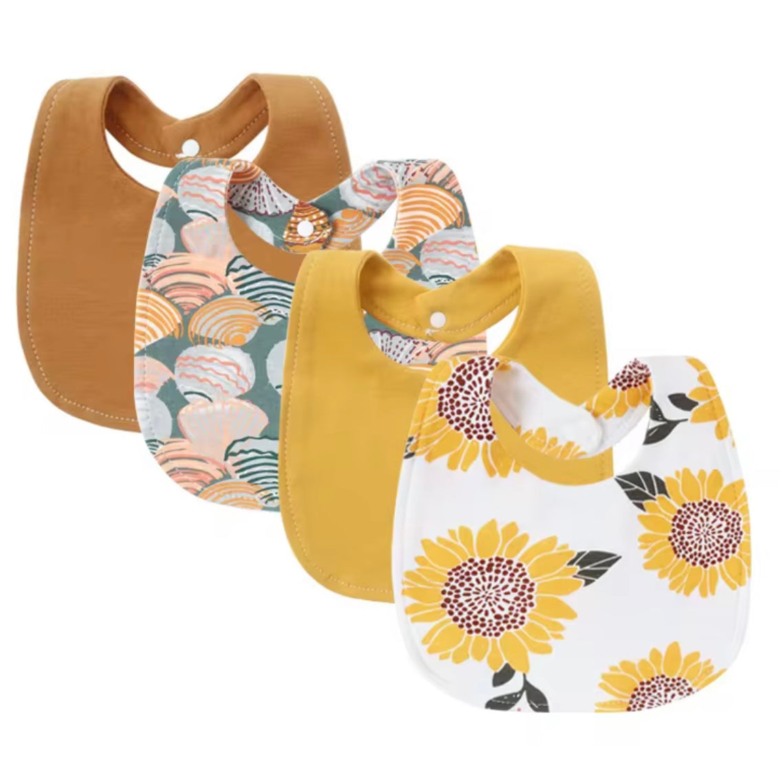 Set of 4 baby bibs in mustard, floral, and sunflower prints, soft and absorbent for mess-free feeding.