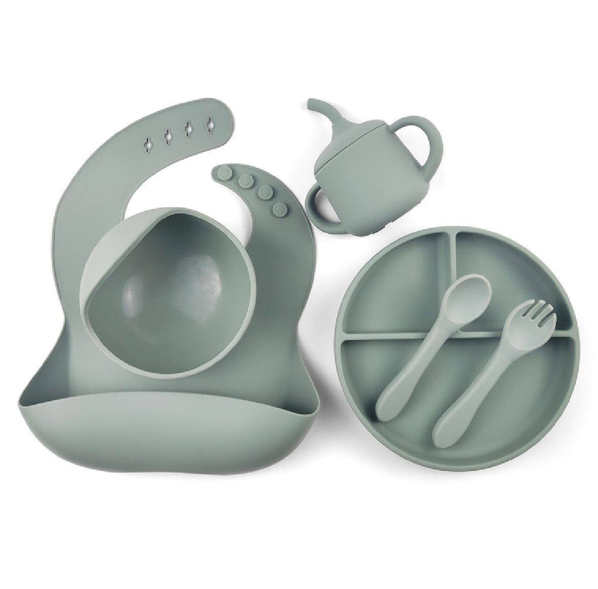 Sage green silicone feeding set including suction bowl, divided plate, utensils, bib, and spill-proof cup. Designed for safe, mess-free mealtimes.