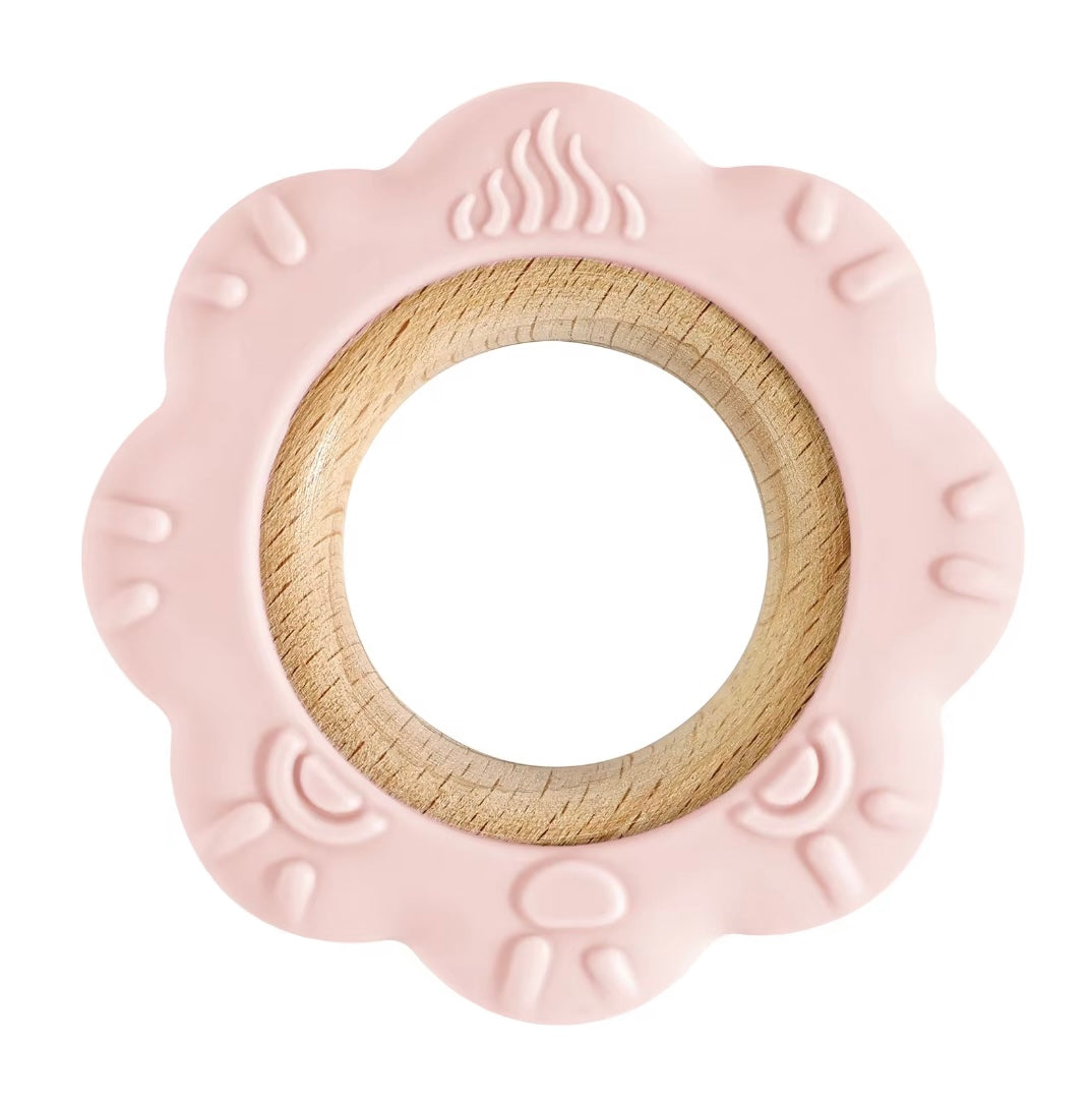 Pink lion baby teether ring, silicone mane with smooth wooden center.