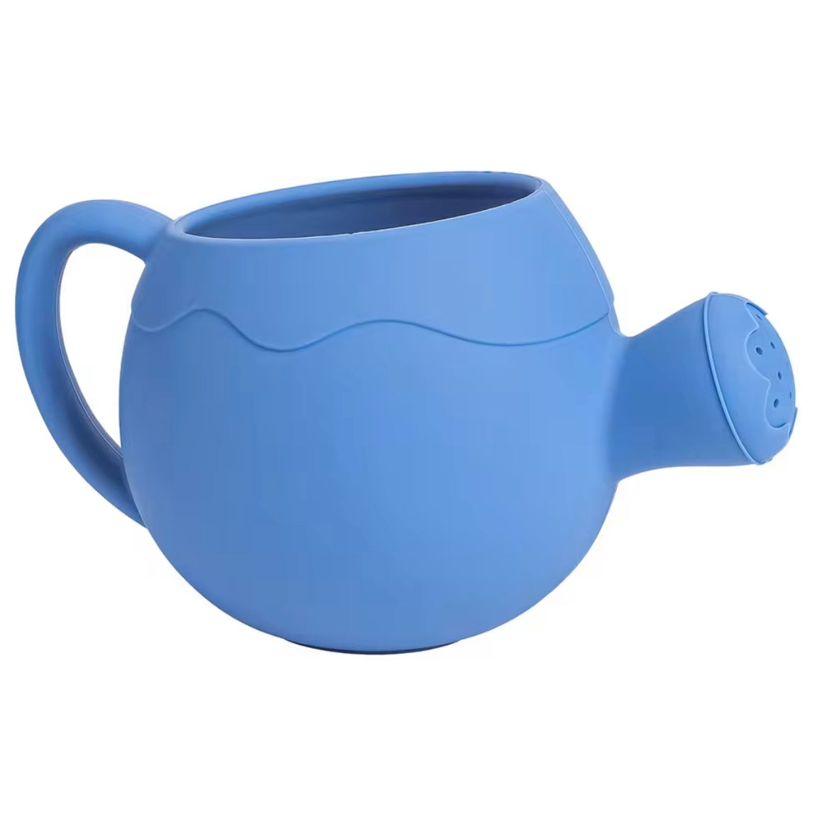 Blue silicone watering can for kids with round body, handle and spout, designed for beach, bath, and garden play.