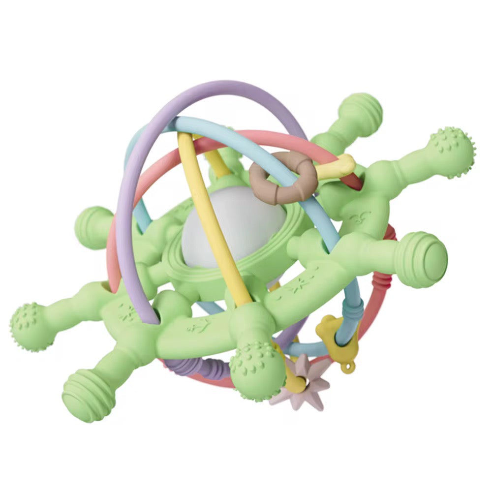 Mint green version of the silicone teething toy with pastel-colored loops and beads.