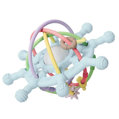 Light blue silicone teething toy with pastel loops and textured details.