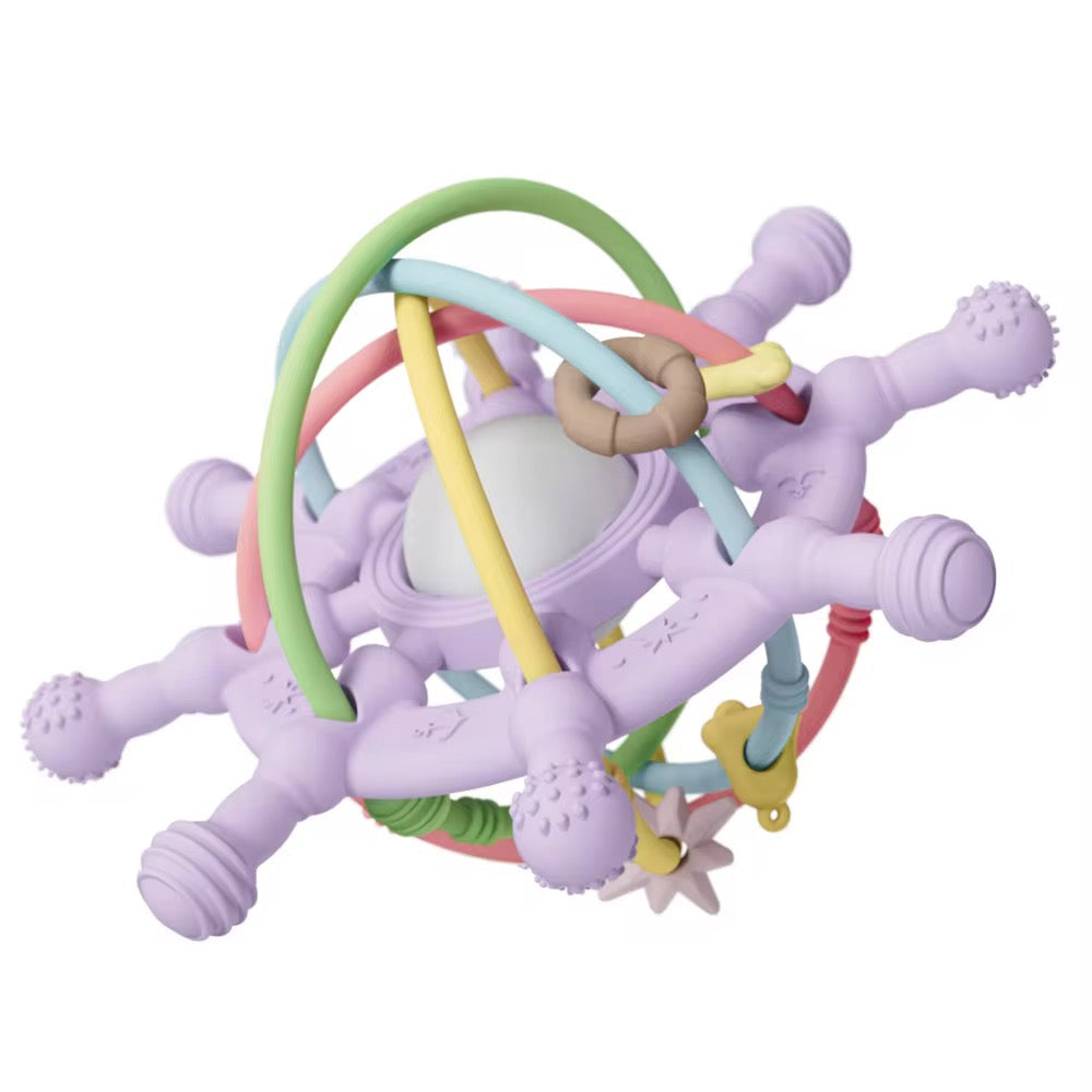 Lavender purple teething toy with pastel silicone loops and ring attachments.