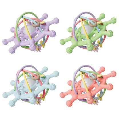Set of four silicone teething toys in pastel colors (purple, green, blue, and pink), arranged side by side.
