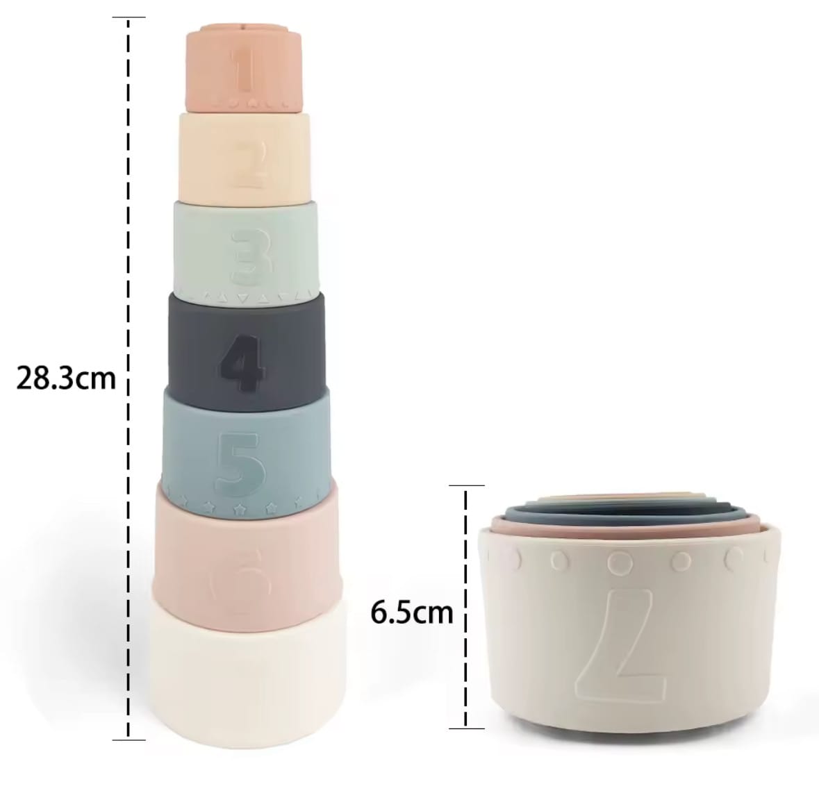Stack & Bloom silicone stacking cup set showing size measurements. Includes seven pastel cups designed for stacking, nesting, and early development activities.